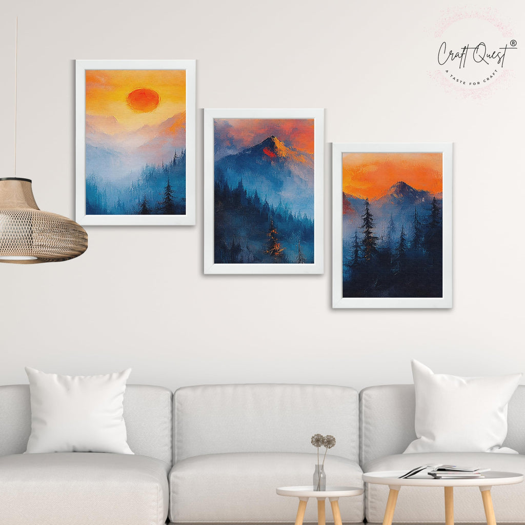 CRAFT QUEST Nature Inspired Landscape With Trees & Mountains Wall Art | Set of 3 Frames for Home Decoration | Ideal for Living Room, Bedroom & Offices