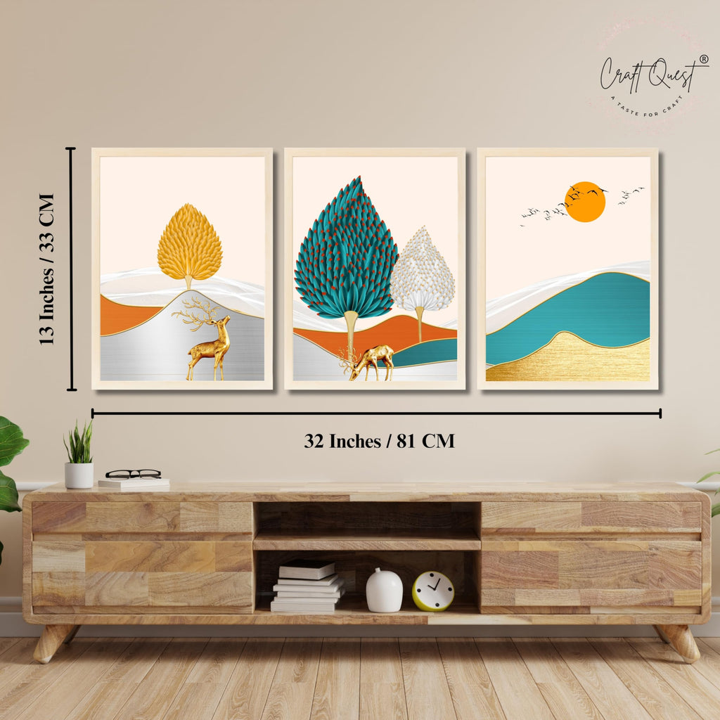 CRAFT QUEST Modern Art Landscapes Sanlian Adornment Abstract Wall Art | Set of 3 Frames for Home Decoration | Ideal for Living Room, Bedroom & Offices