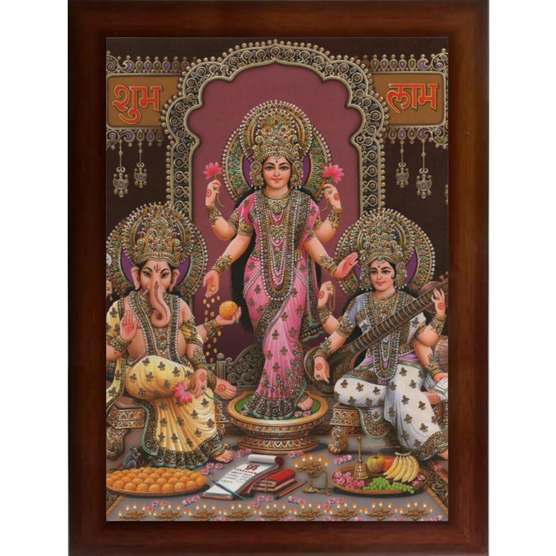 CRAFT QUEST Standing Lakshmi Mata with ganesh ji and saraswati maa Wall Painting Frame for Shop or Business (Synthetic, Matte Finish, Brown, Large Size, 14 X 10 Inch)