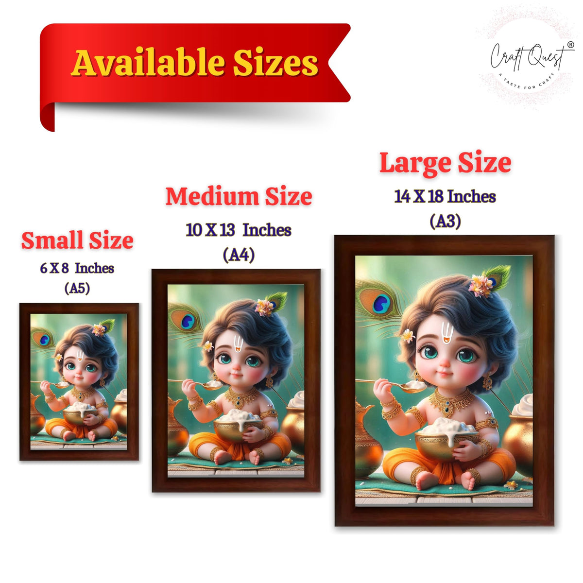 CRAFT QUEST Cute Baby Krishna HD Print | Little Krishna Frame for Home Temple, Office Desk, Car Dashboard