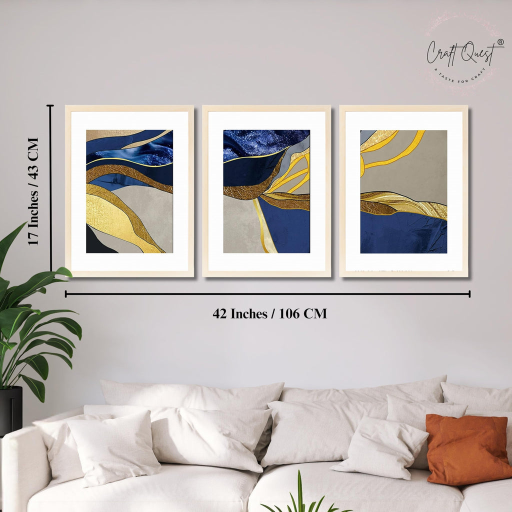 CRAFT QUEST Abstract Blue & Gold Artwork | Set of 3 Frames for Home Decoration | Ideal for Living Room, Bedroom & Offices
