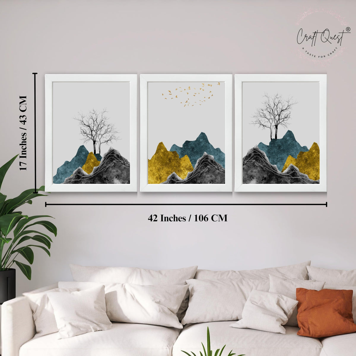 CRAFT QUEST Chinese Landscape Abstract Art Modern Art | Set of 3 Frames for Home Decoration | Ideal for Living Room, Bedroom & Offices