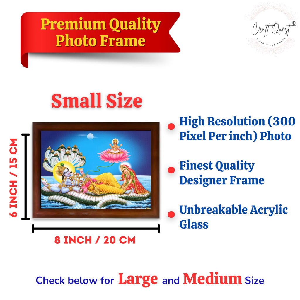 CRAFT QUEST Lord Vishnu and Goddess Lakshmi Giving Blessing on Shesh naag, landscape Glitter Painting with Golden Synthetic Frame
