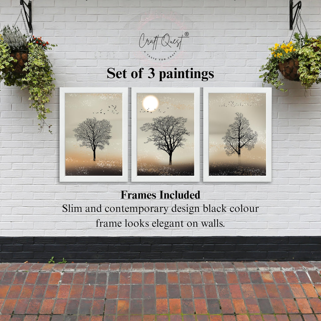 CRAFT QUEST Nature Inspired Landscape With Black Trees Modern Wall Art | Set of 3 Frames for Home Decoration | Ideal for Living Room, Bedroom & Office