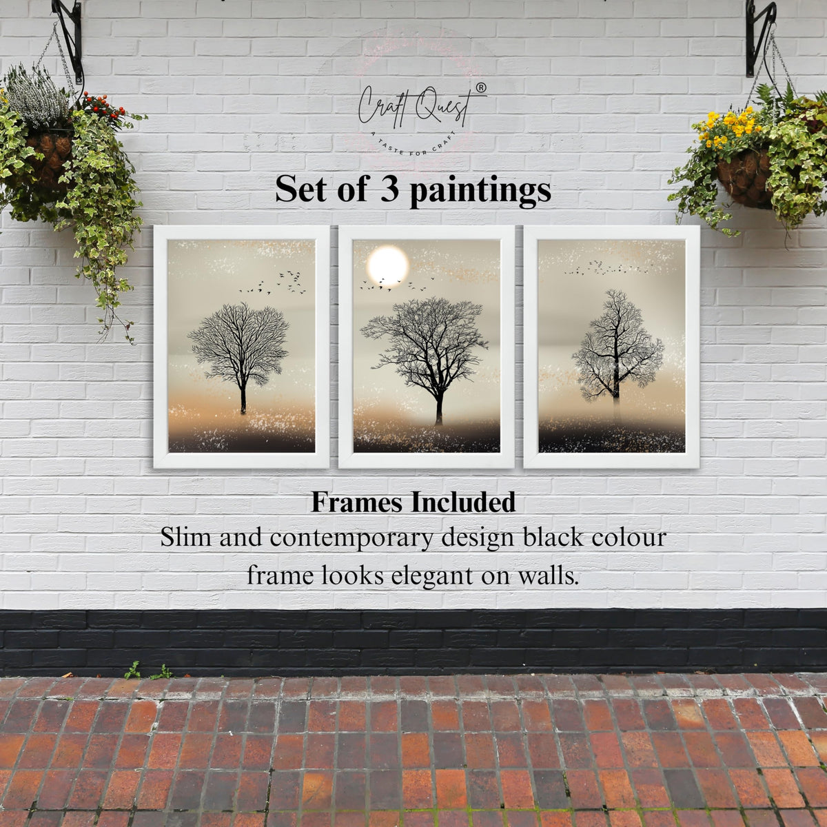 CRAFT QUEST Nature Inspired Landscape With Black Trees Modern Wall Art | Set of 3 Frames for Home Decoration | Ideal for Living Room, Bedroom & Office