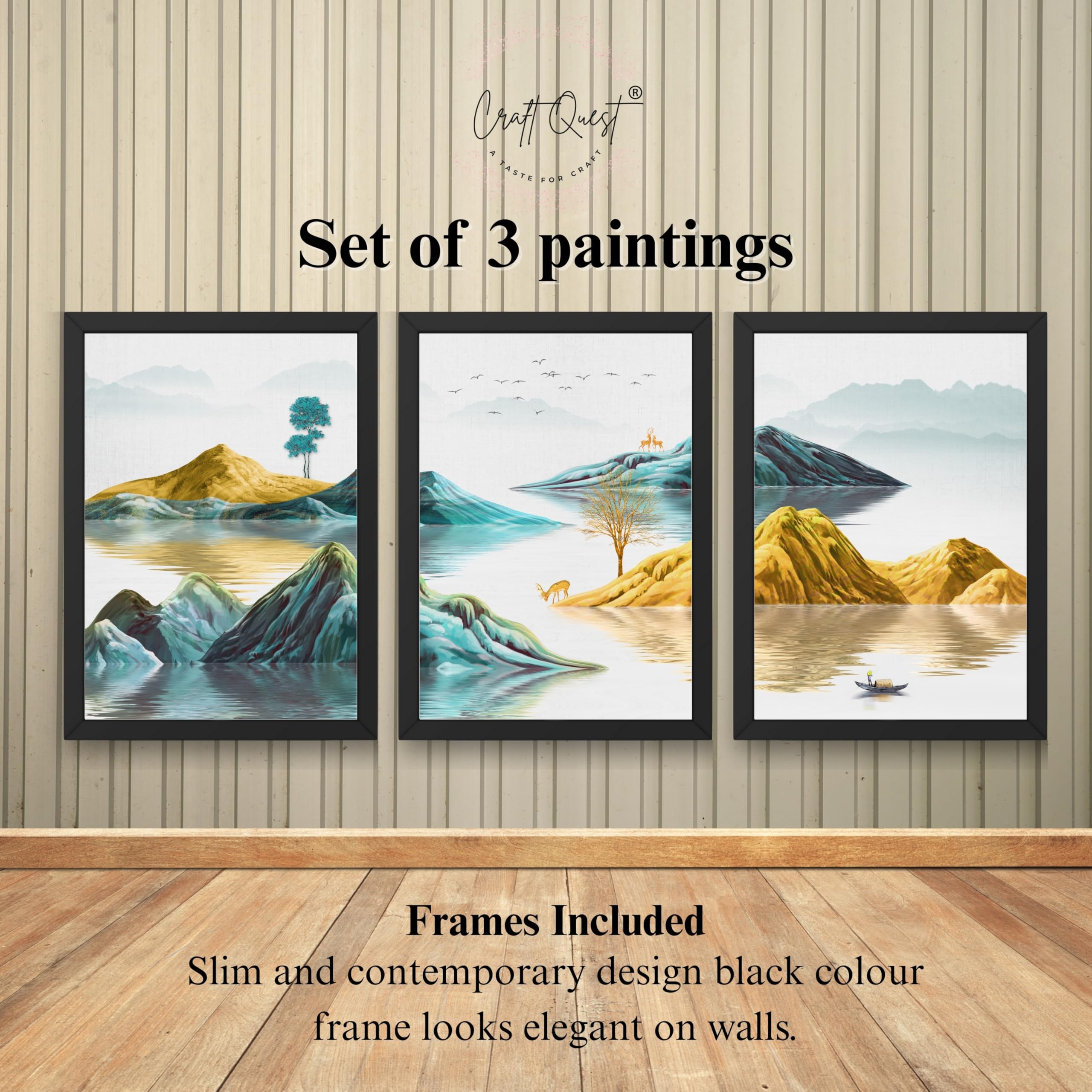 CRAFT QUEST Modern Art Abstract Geometric Gold Lines Wall Art | Set of 3 Frames for Home Decoration | Ideal for Living Room, Bedroom & Offices