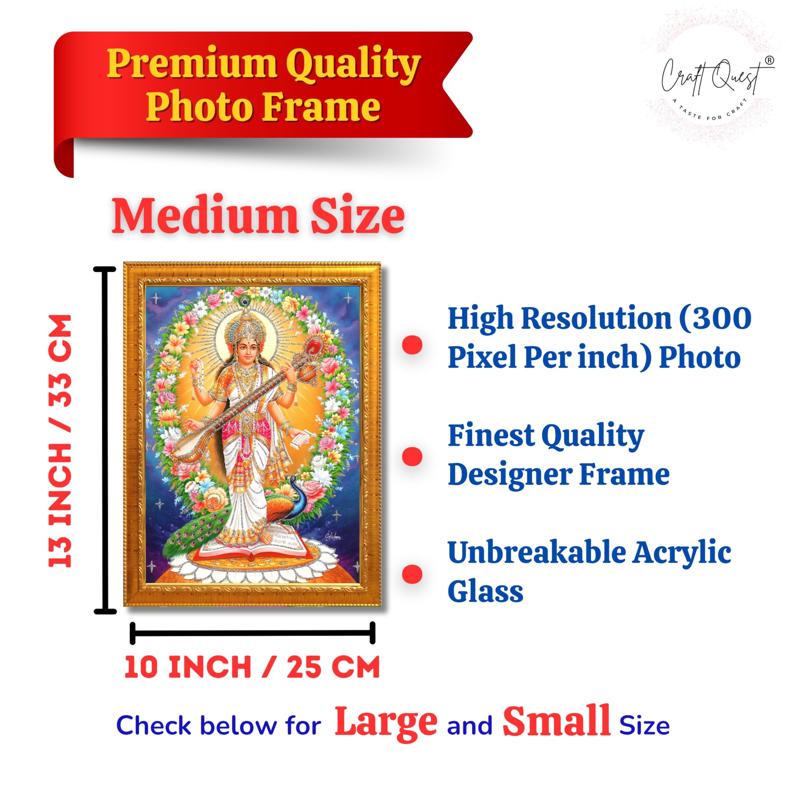 CRAFT QUEST Saraswati Devi Goddess Saraswati Maa Wall Painting Sparkle Coated Framed Home Decor wooden framed