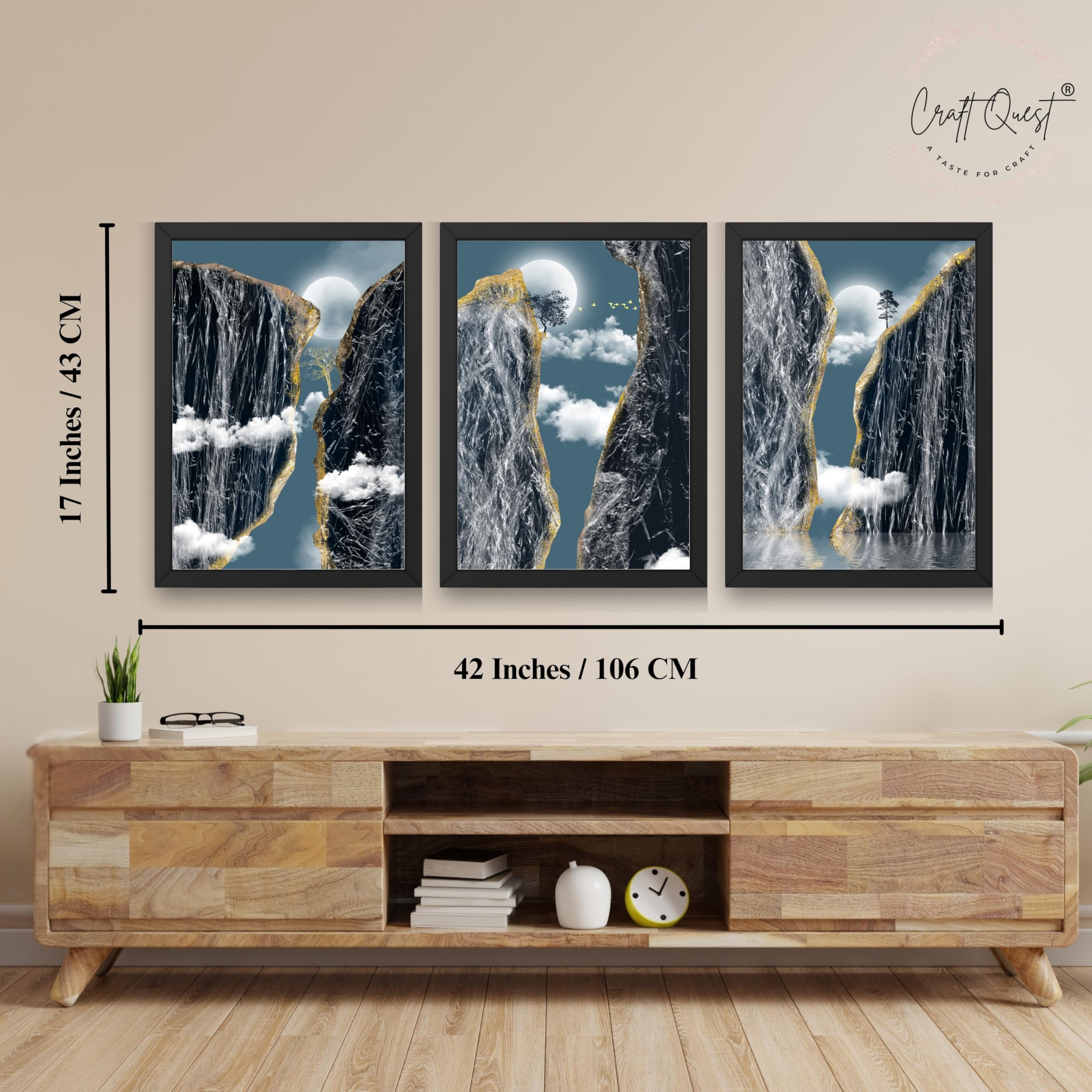 CRAFT QUEST Modern Art Abstract Landscape Decorative Wall Art | Set of 3 Frames for Home Decoration | Ideal for Living Room, Bedroom & Offices