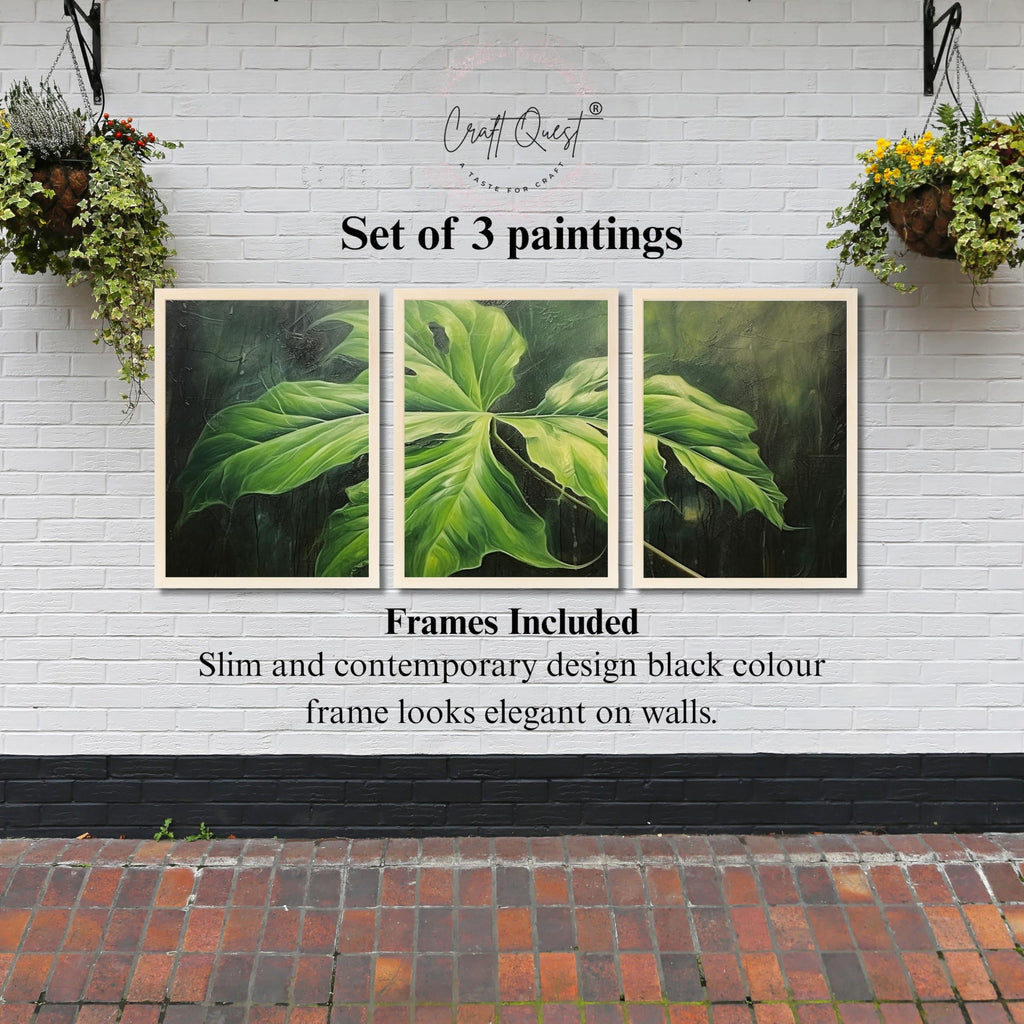 CRAFT QUEST Nature Inspired Painting Of Plant With Green Leaves Wall Art | Set of 3 Frames for Home Decoration | Ideal for Living Room, Bedroom & Offices