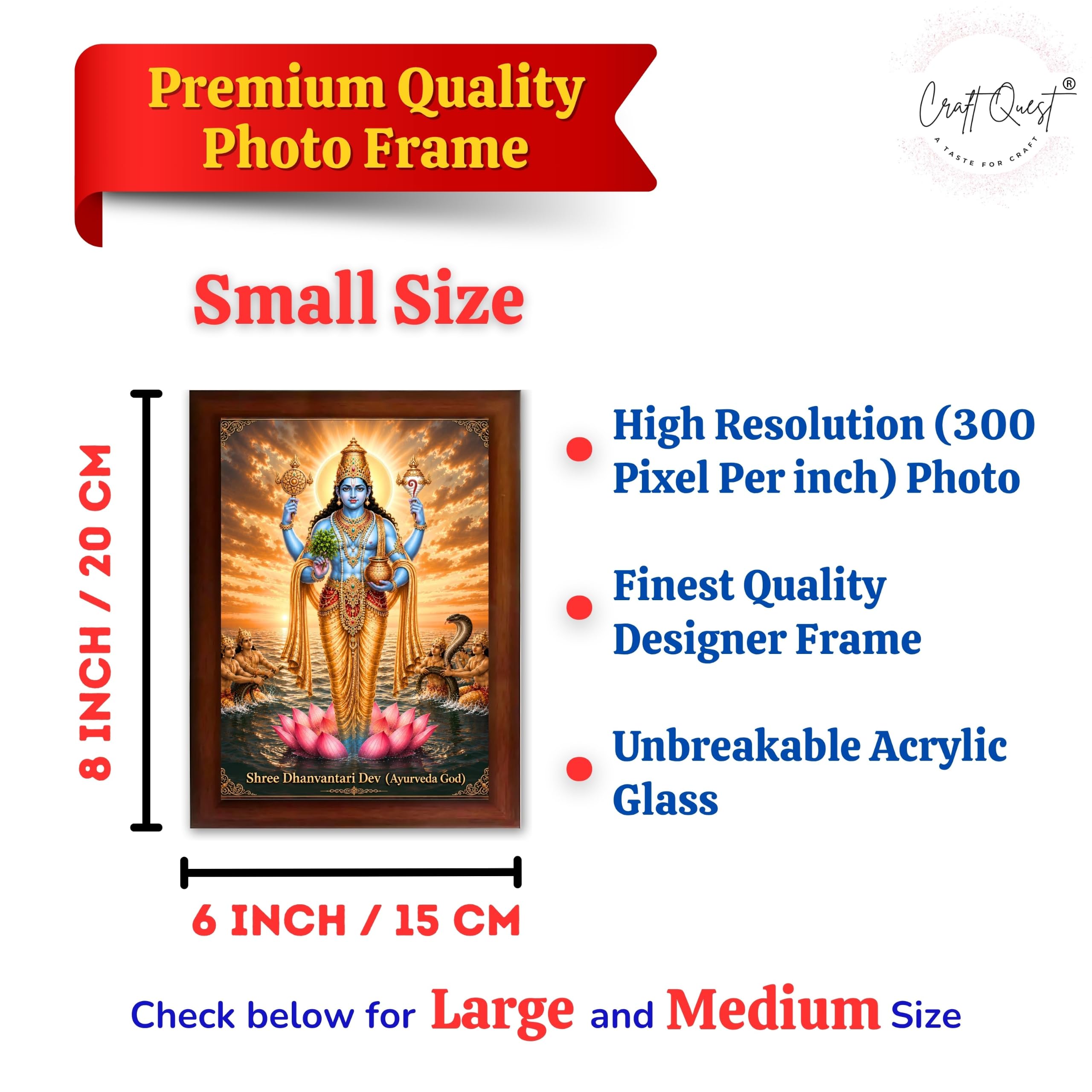 CRAFT QUEST Lord Dhanvantari/Dhanwantari Photo Frame | Hindu God of Ayurveda & Healing | Wooden Framed Wall Art for Home Temple, Office & Clinic Decor | Vastu & Spiritual Gift Item