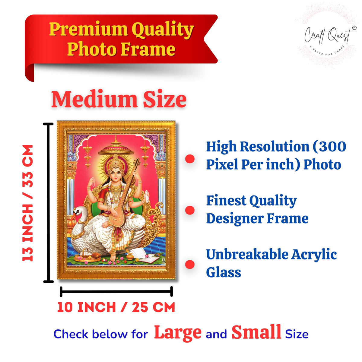 CRAFT QUEST Saraswati Devi Goddess Saraswathi Maa Wall Painting Sparkle Coated Framed Home Décor Synthetic wooden Framed