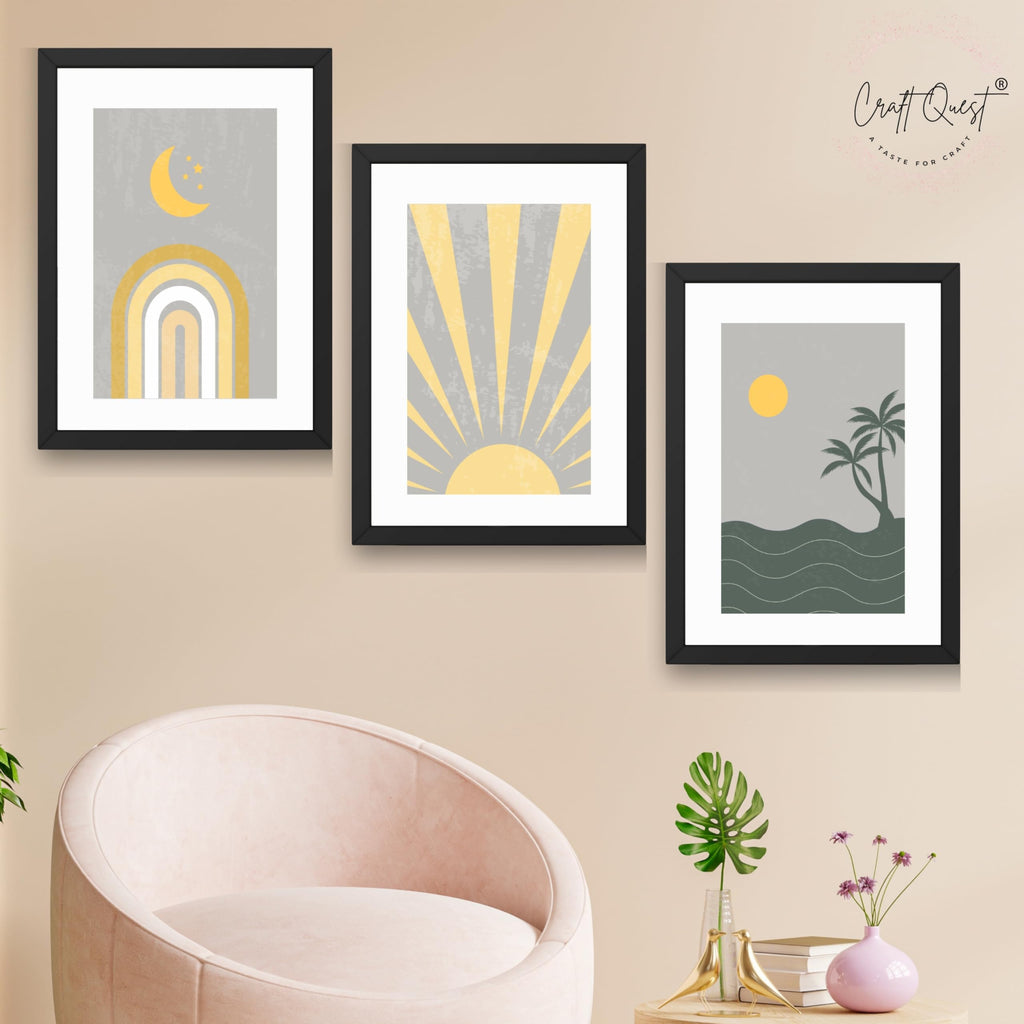 CRAFT QUEST Wall Art Decor Paintings | Set of 3 BOHO Wall Art Frames for Home Decoration | Ideal for Living Room, Bedroom & Offices