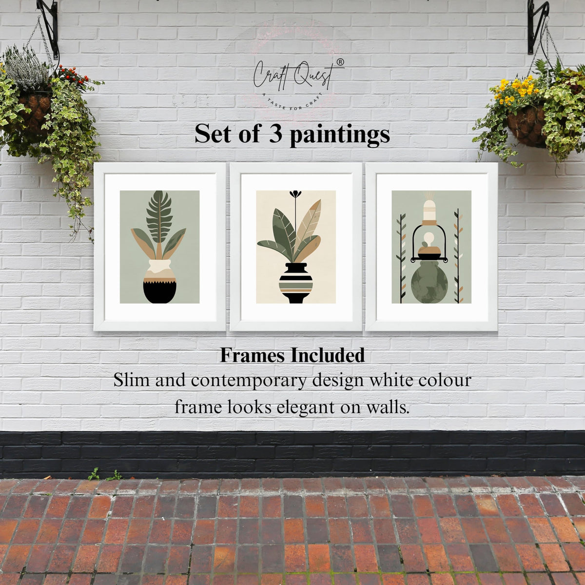CRAFT QUEST Boho Leaves & Flowers Geometric Abstract | Set of 3 Frames for Home Decoration | Ideal for Living Room, Bedroom & Offices