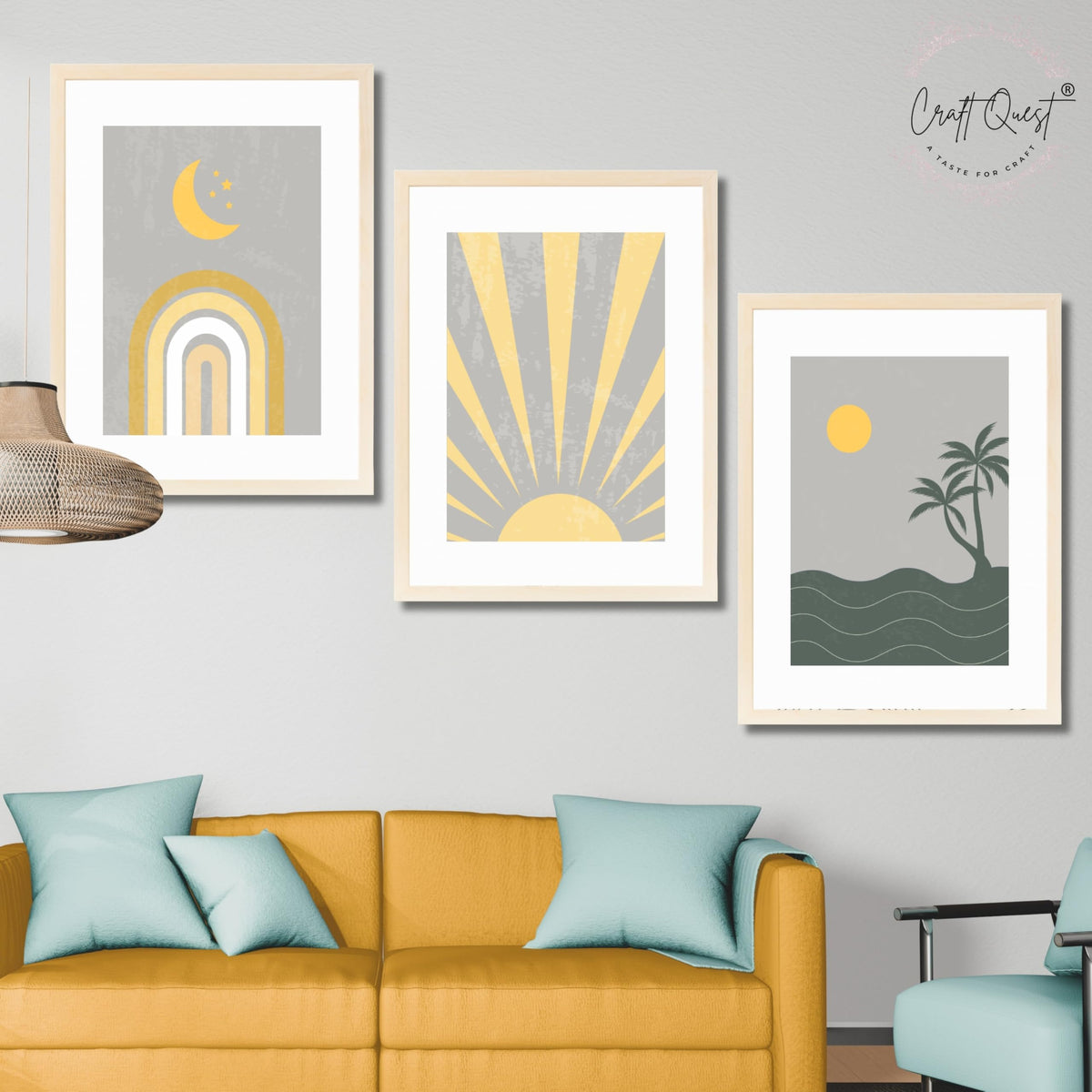 CRAFT QUEST Wall Art Decor Paintings | Set of 3 BOHO Wall Art Frames for Home Decoration | Ideal for Living Room, Bedroom & Offices