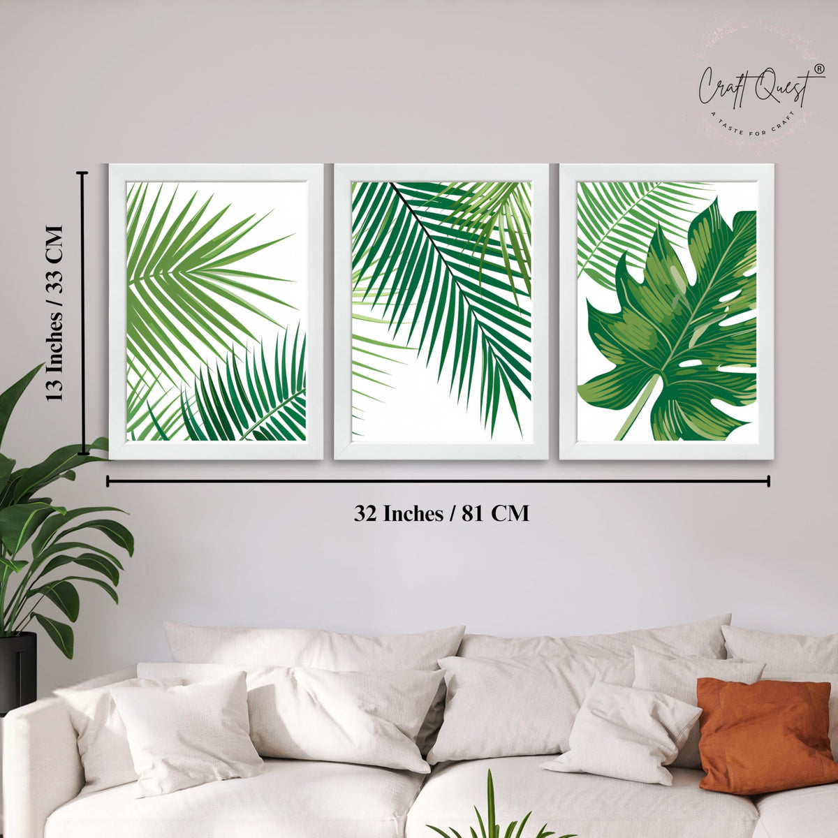 CRAFT QUEST Nature Inspired Tropical Palm Leaf Modern Wall Art | Set of 3 Frames for Home Decoration | Ideal for Living Room, Bedroom & Offices