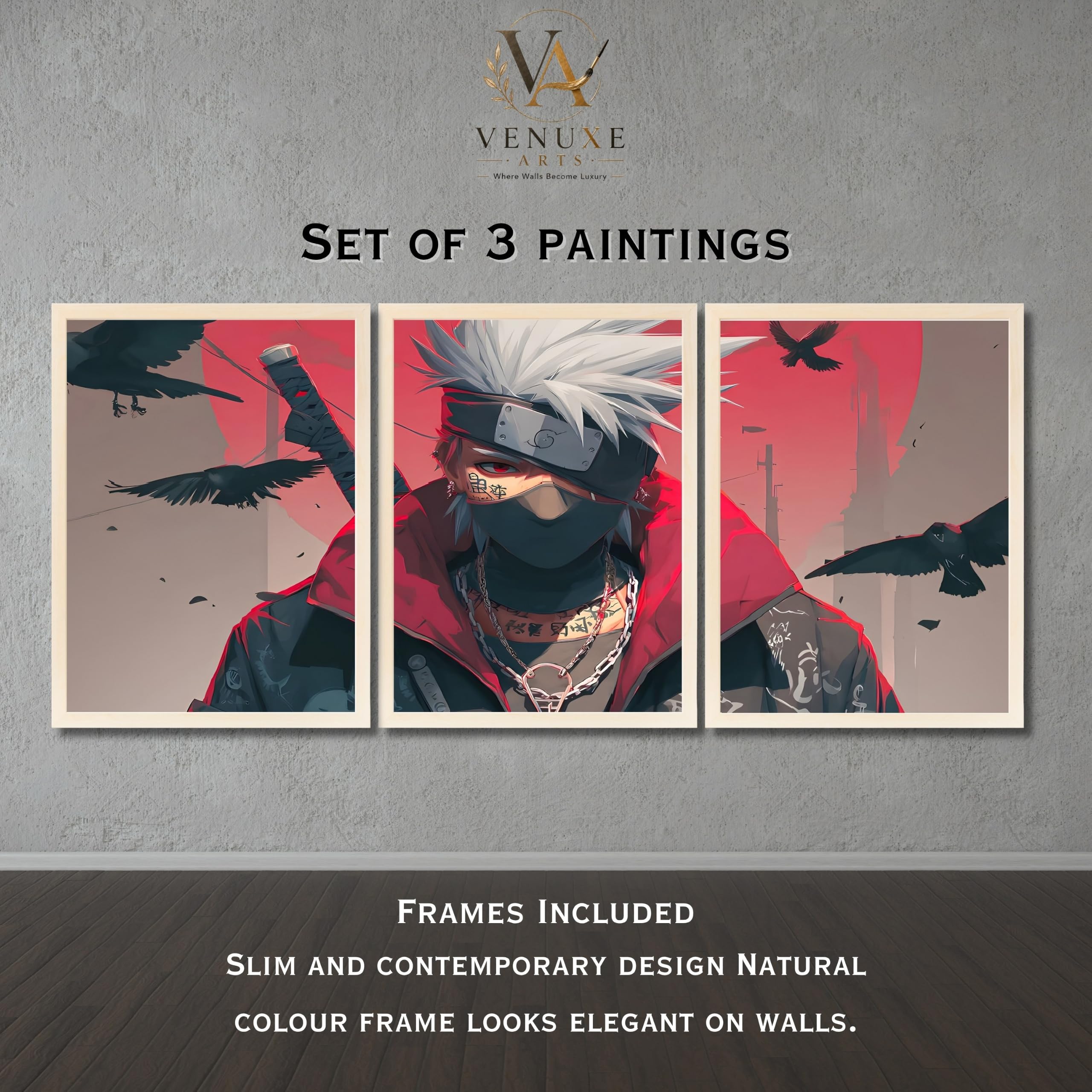 VENUXE ARTS Set Of 3 Anime Characters Wall Framed |Anime Characters Framed Poster for Living Room Bedroom Gaming Room Studio Wall Decor