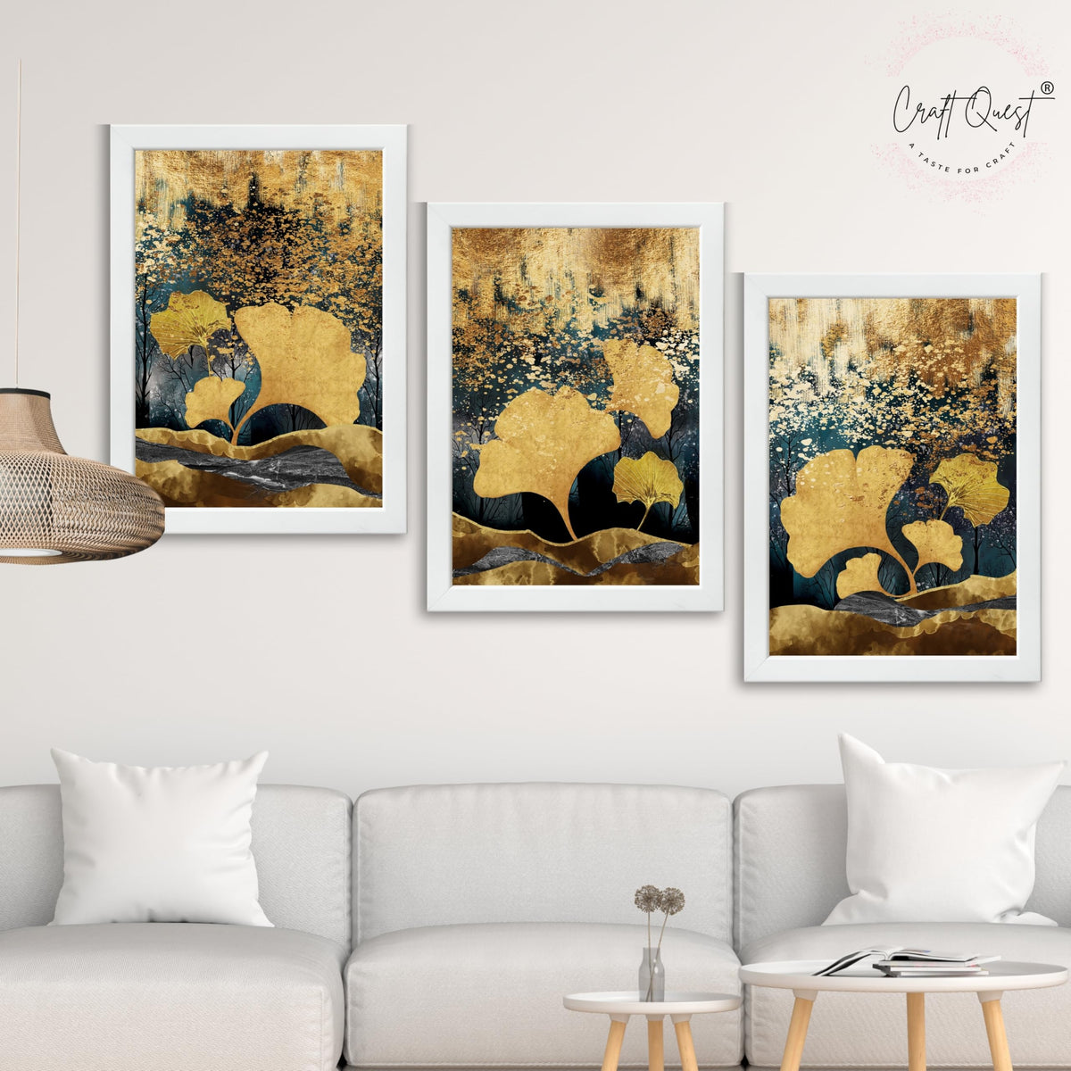 CRAFT QUEST Modern Art Of Ginko Leaves With Golden Mountains Wall Art | Set of 3 Frames for Home Decoration | Ideal for Living Room, Bedroom & Offices