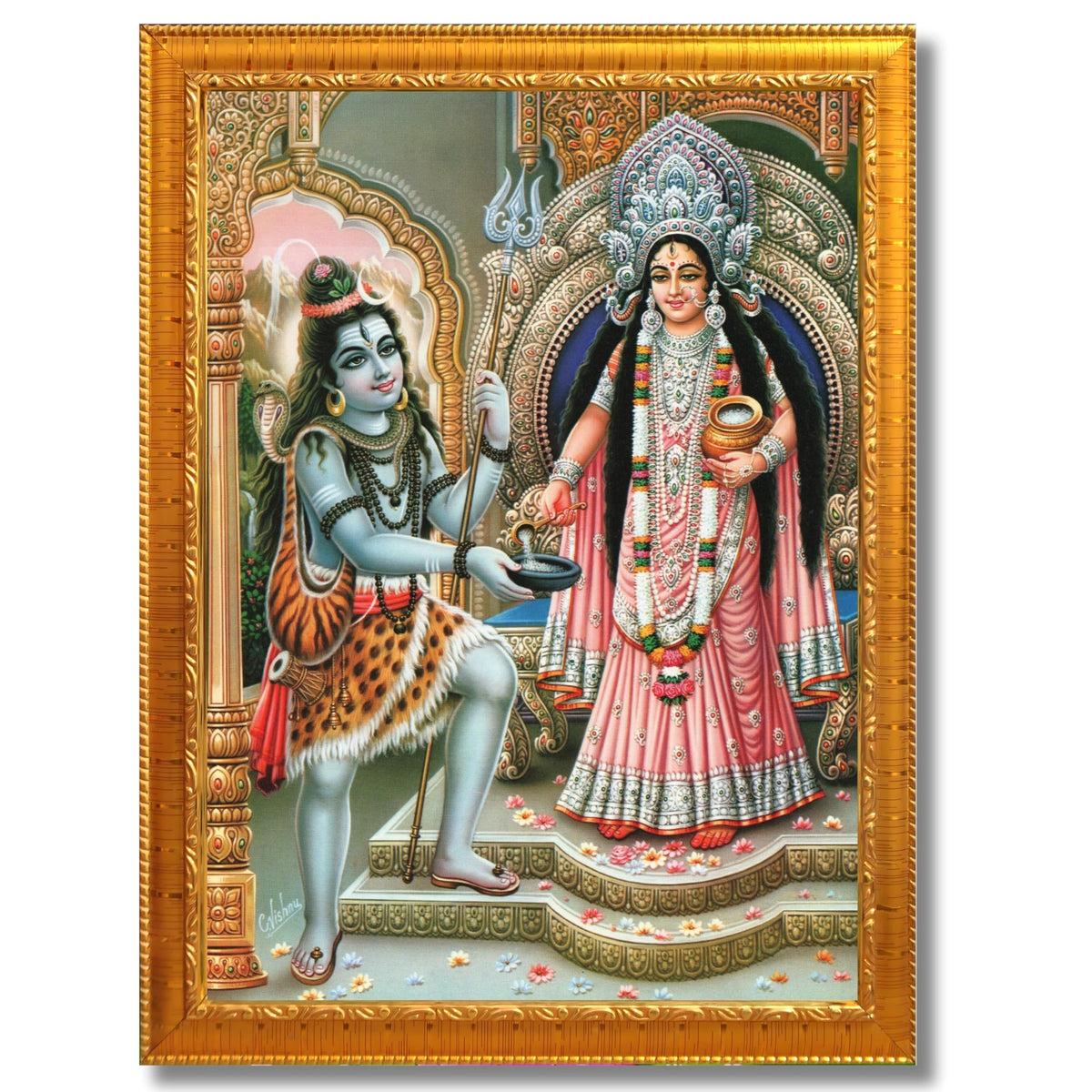 CRAFT QUEST Shiva & Maa Annapurna devi sitting on throne photo frame with Laminated Poster for Kitchen Worship