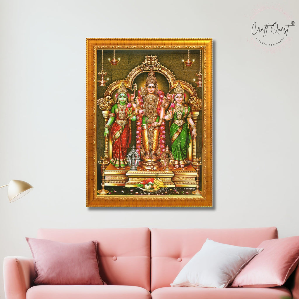 CRAFT QUEST Lord Murugan Valli Deivanai Subramanya Swamy Wall Painting Photo Framed | South God Picture Frame for Home, Office, Temple & Gifting, Decor