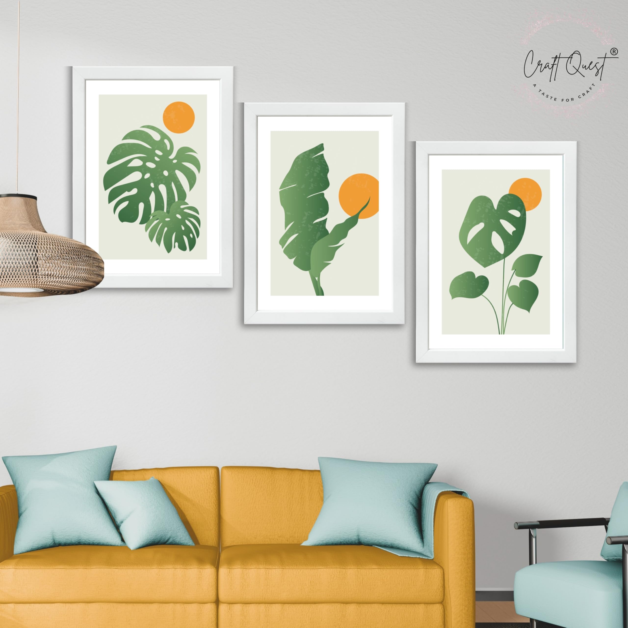 CRAFT QUEST Nature Inspired Abstract Gradient Tropical Leaf Wall Art | Set of 3 Frames for Home Decoration | Ideal for Living Room, Bedroom & Offices