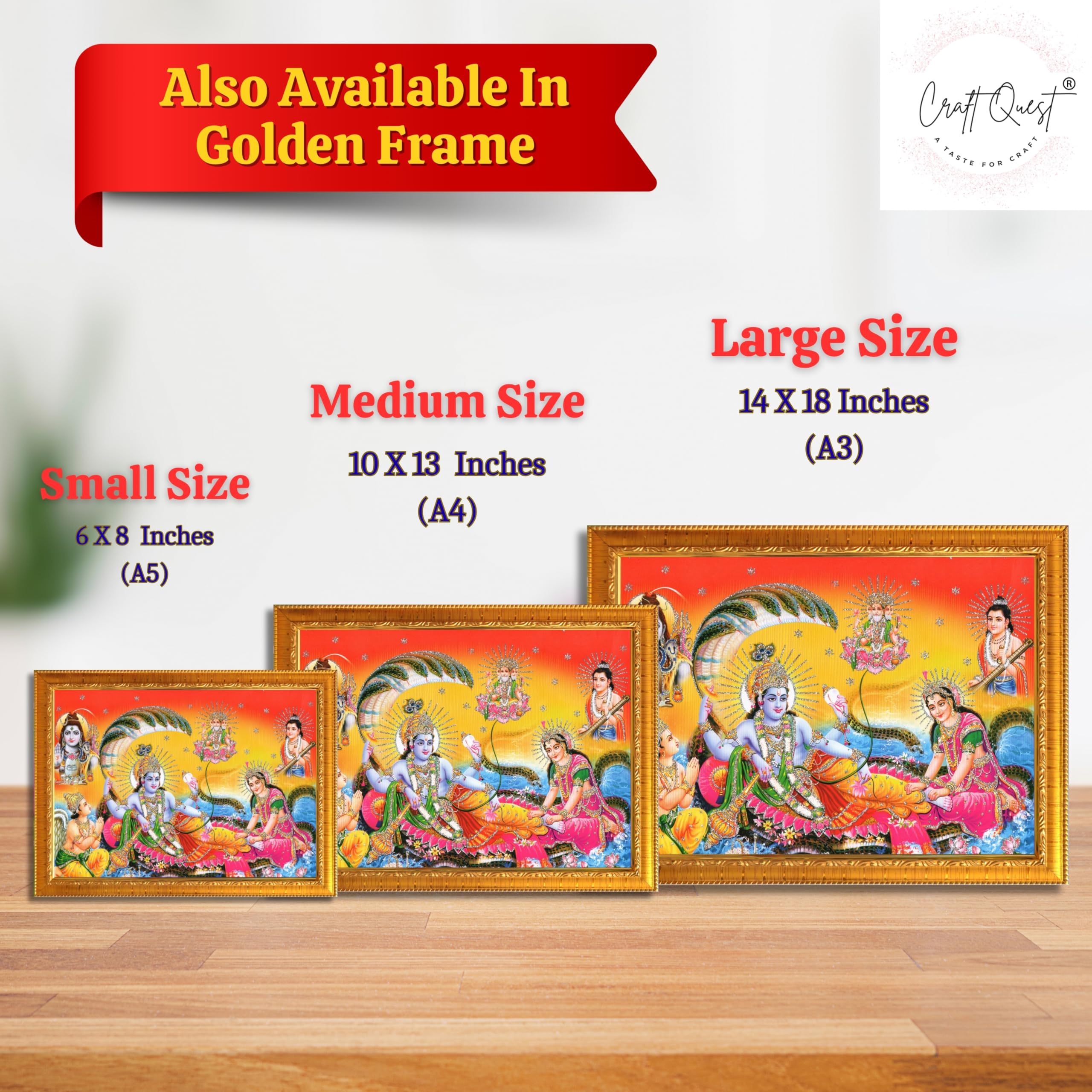 CRAFT QUEST Goddess Lakshmi pressing legs of lord Vishnu on Shesh naag, Glitter Work Painting wooden frame