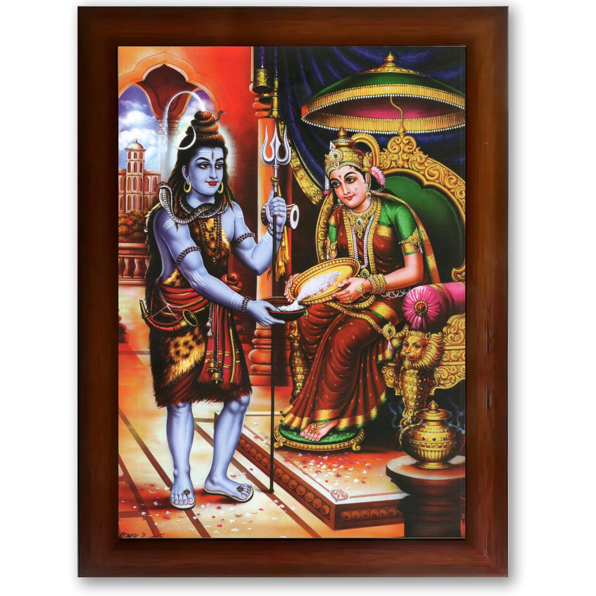 CRAFT QUEST Shiva & Maa Annapurna devi sitting on throne photo frame with Acrylic Glass for Kitchen, Food & Prosperity Blessing Hindu Wall Decor