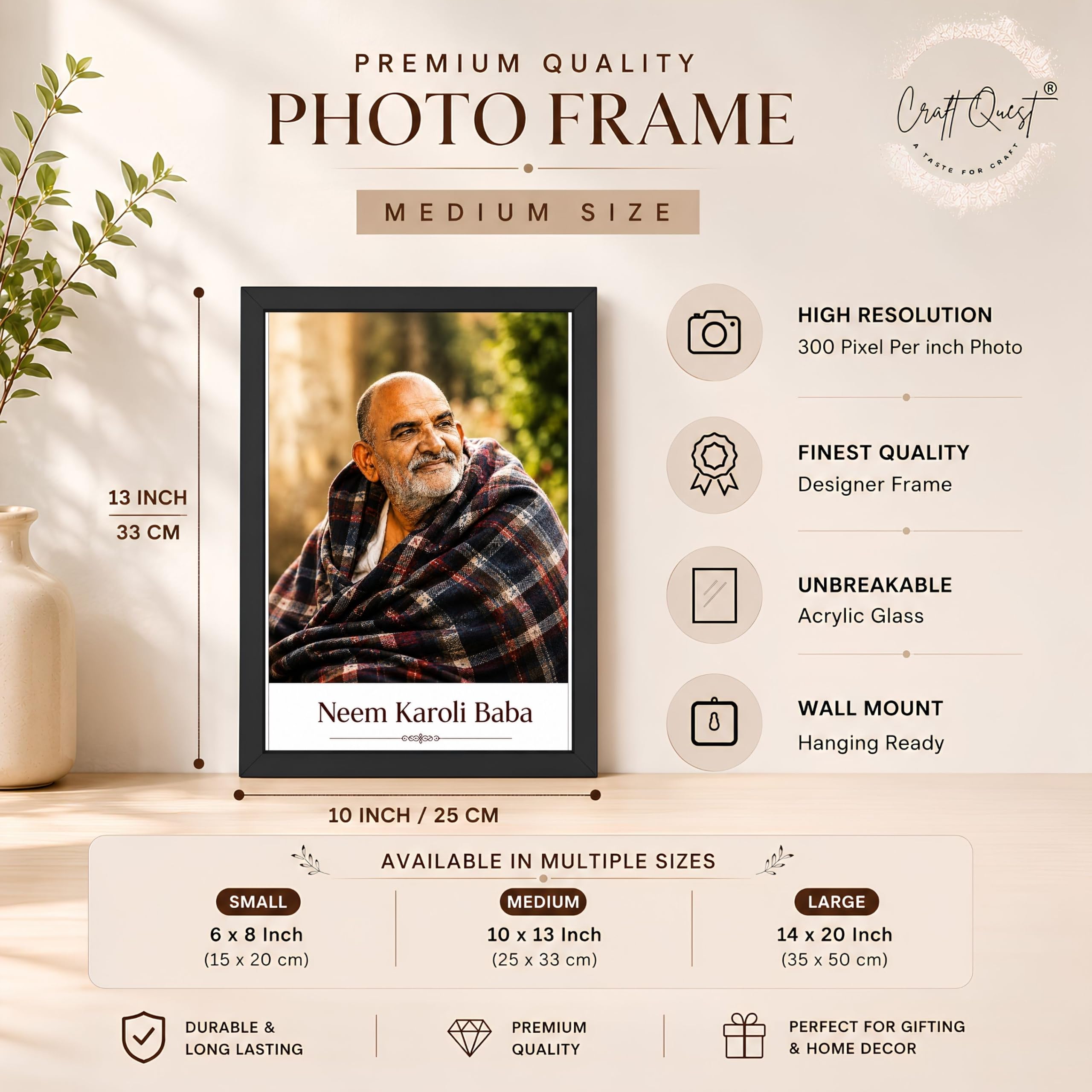 CRAFT QUEST Neem Karoli Baba Maharaj Ji Smiling Portrait Photo Frame for Wall | Spiritual Guru Religious Wall Art | Devotional Photo for Home, Mandir, Puja Room & Gifting