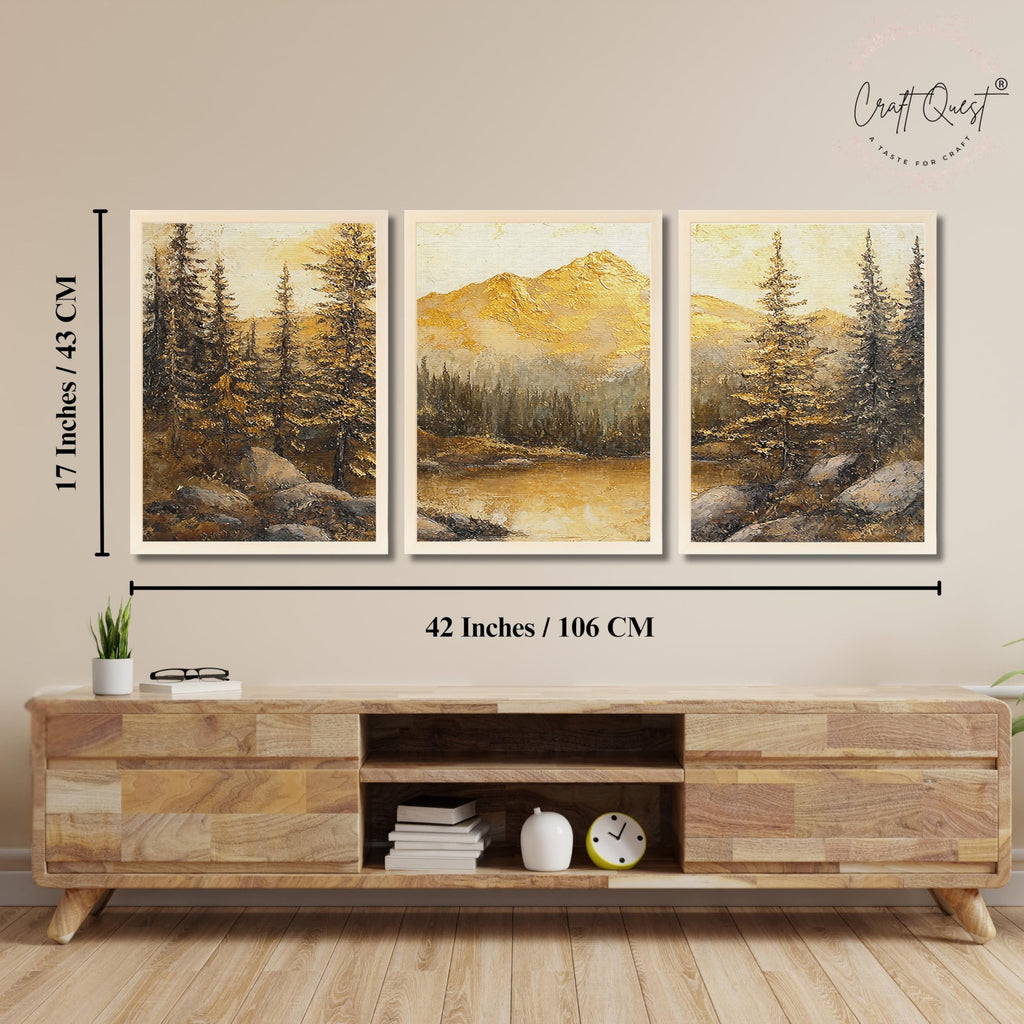 CRAFT QUEST Nature Inspired Painting Of Mountain With Trees Wall Art | Set of 3 Frames for Home Decoration | Ideal for Living Room, Bedroom & Office