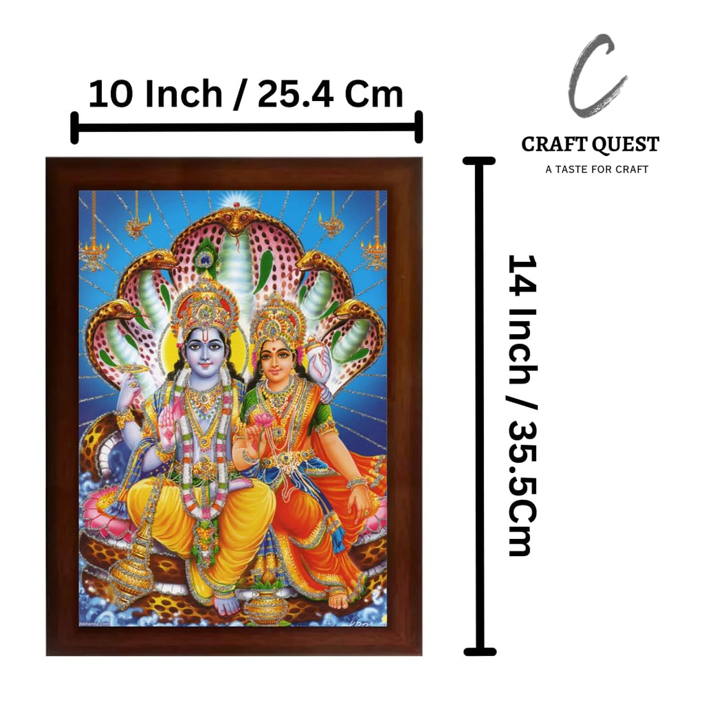 Craft Quest Lord Vishnu and Goddess Lakshmi Giving Blessing on shesh Naag, Glitter Work Painting with Brown Frame (14 X 10 Inches, Brown Wood)