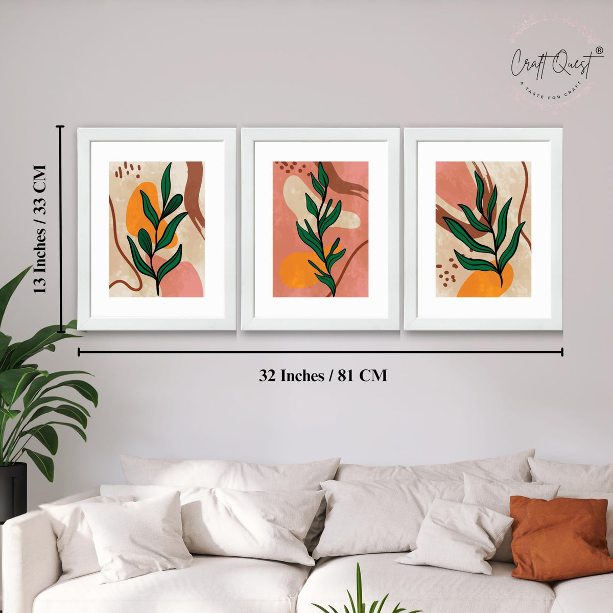 CRAFT QUEST Wall Art Decor Paintings | Set of 3 BOHO Wall Art Frames for Home Decoration | Ideal for Living Room, Bedrooms & Office