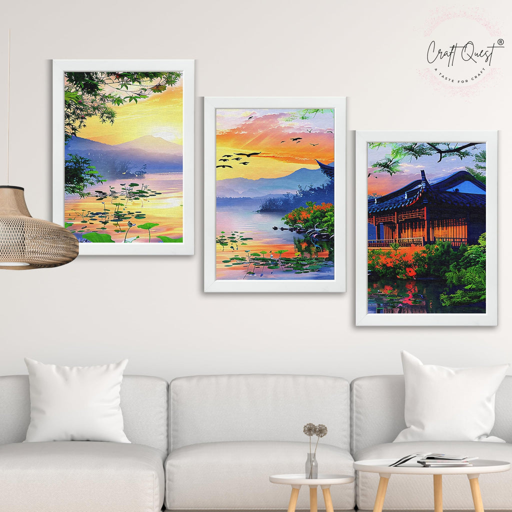 CRAFT QUEST Modern Art Of Sunset Wall Art | Set of 3 Frames for Home Decoration | Ideal for Living Room, Bedroom & Offices