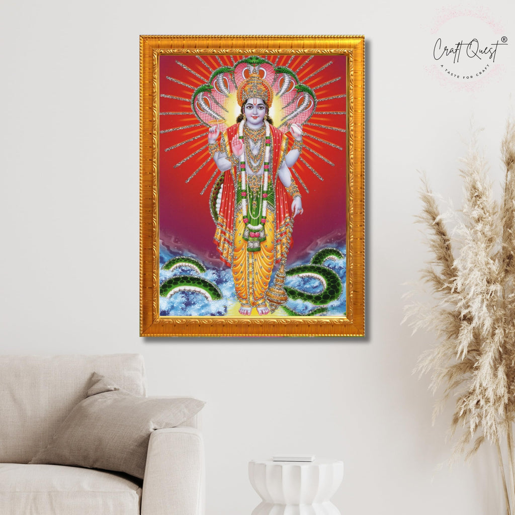 CRAFT QUEST Lord Vishnu Bhagwan Narayan Murti Mahavishnu Wall Painting Framed Home Décor, Religious Photo Frame