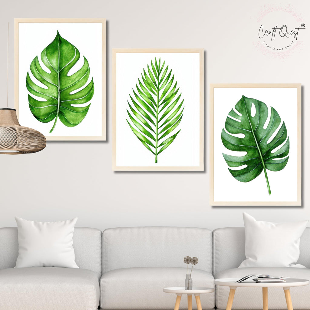CRAFT QUEST Nature Inspired Exotic Leaves Modern Wall Art | Set of 3 Frames for Home Decoration | Ideal for Living Room, Bedroom & Offices