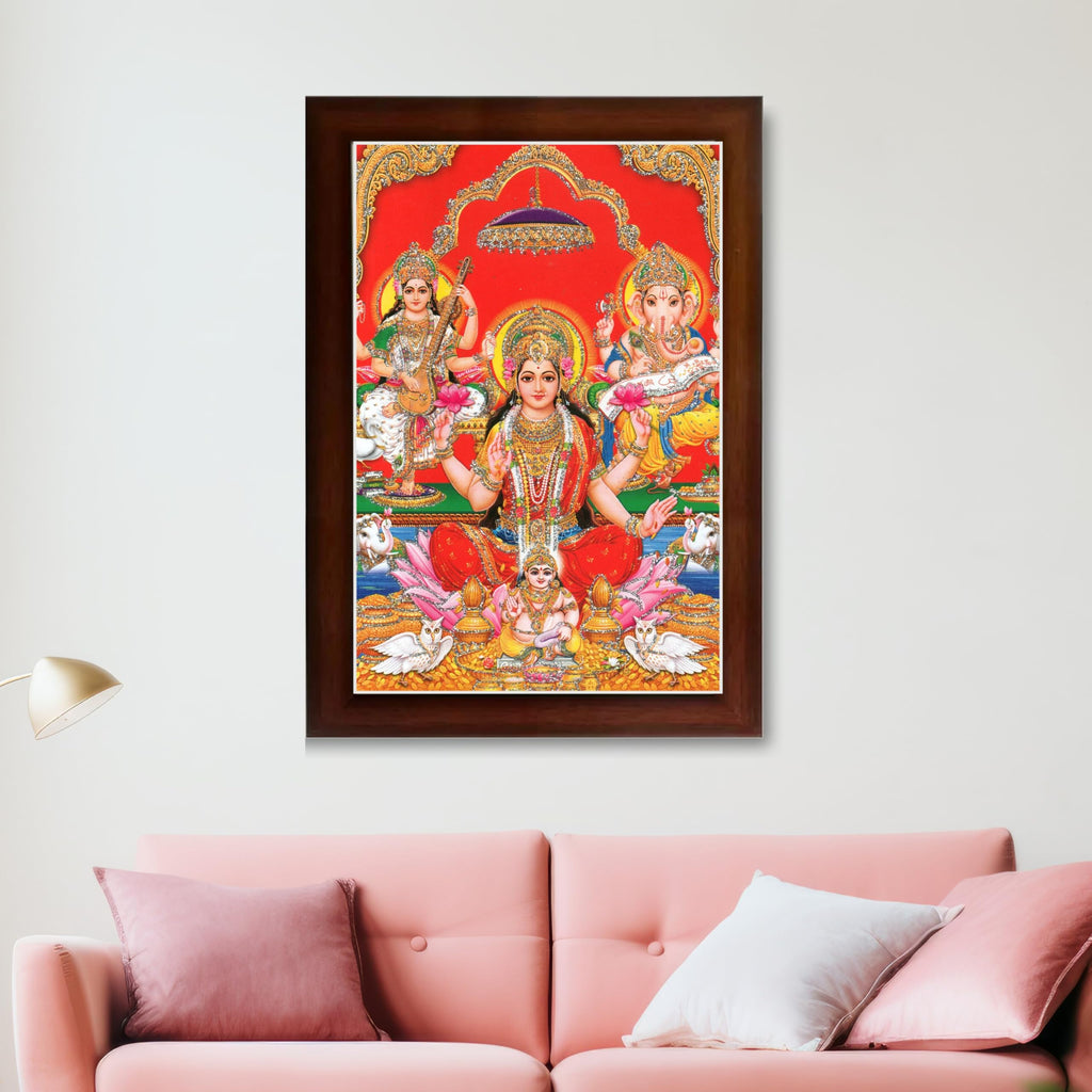 CRAFT QUEST Lord Laxmi Ganesh Saraswati Religious God Hindu Photo Frame for Diwali,Wall, Office, Temple, Pooja, Living Room Home and Decor Item