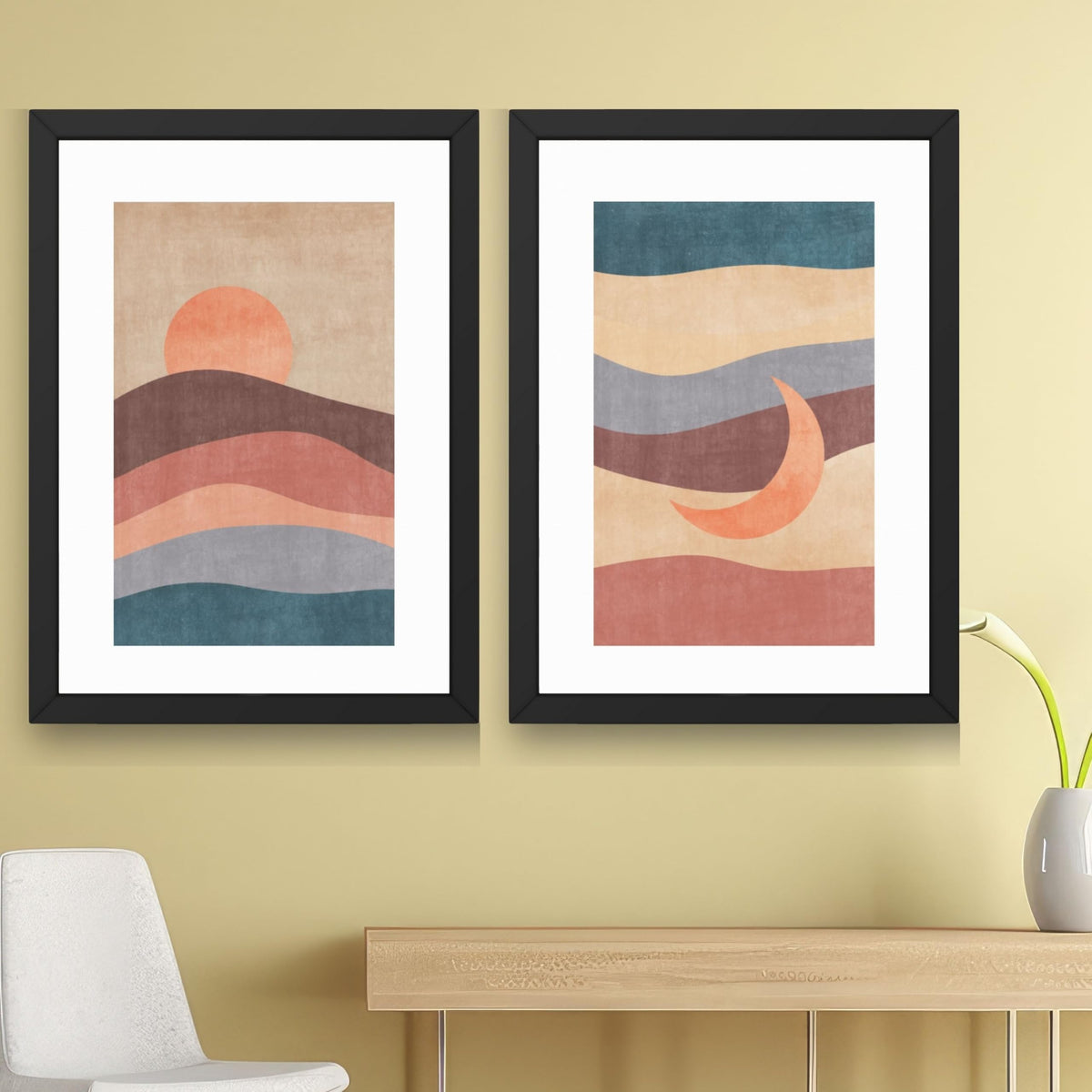 CRAFT QUEST Wall Art Decor Paintings | Set of 2 Sun Moon Wall Art Frames for Home Decoration | Ideal for Living Room, Bedroom & Office