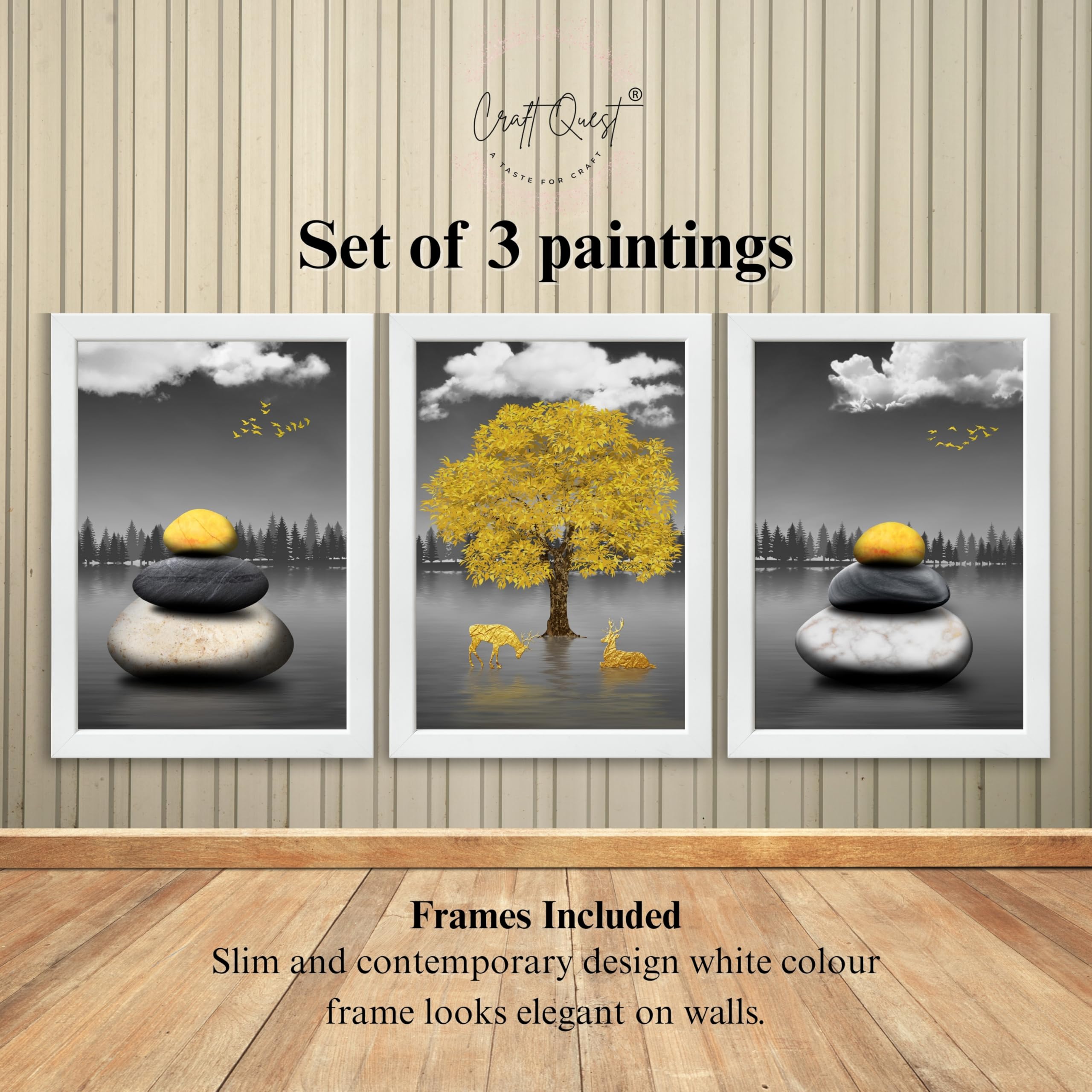 CRAFT QUEST Modern Art Geometric Landscapes Wall Art | Set of 3 Frames for Home Decoration | Ideal for Living Room, Bedroom & Offices