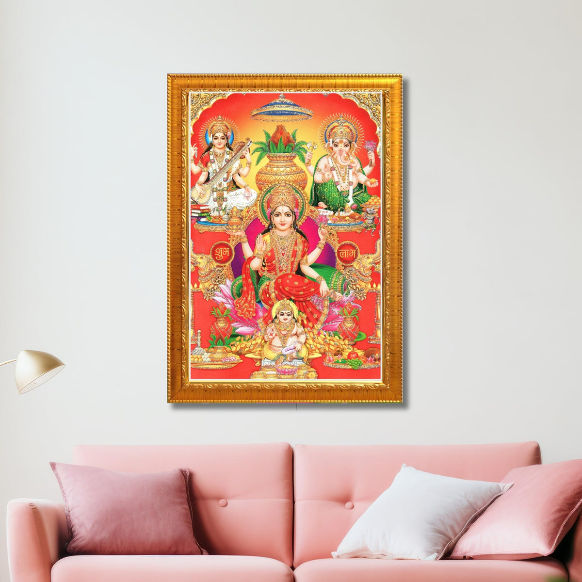 CRAFT QUEST Lakshmi Devi Ganesha Saraswati Ganesh Hanging Wall Painting Framed Home Decor Hindu Bhagwan Devi Devta Photo Frame