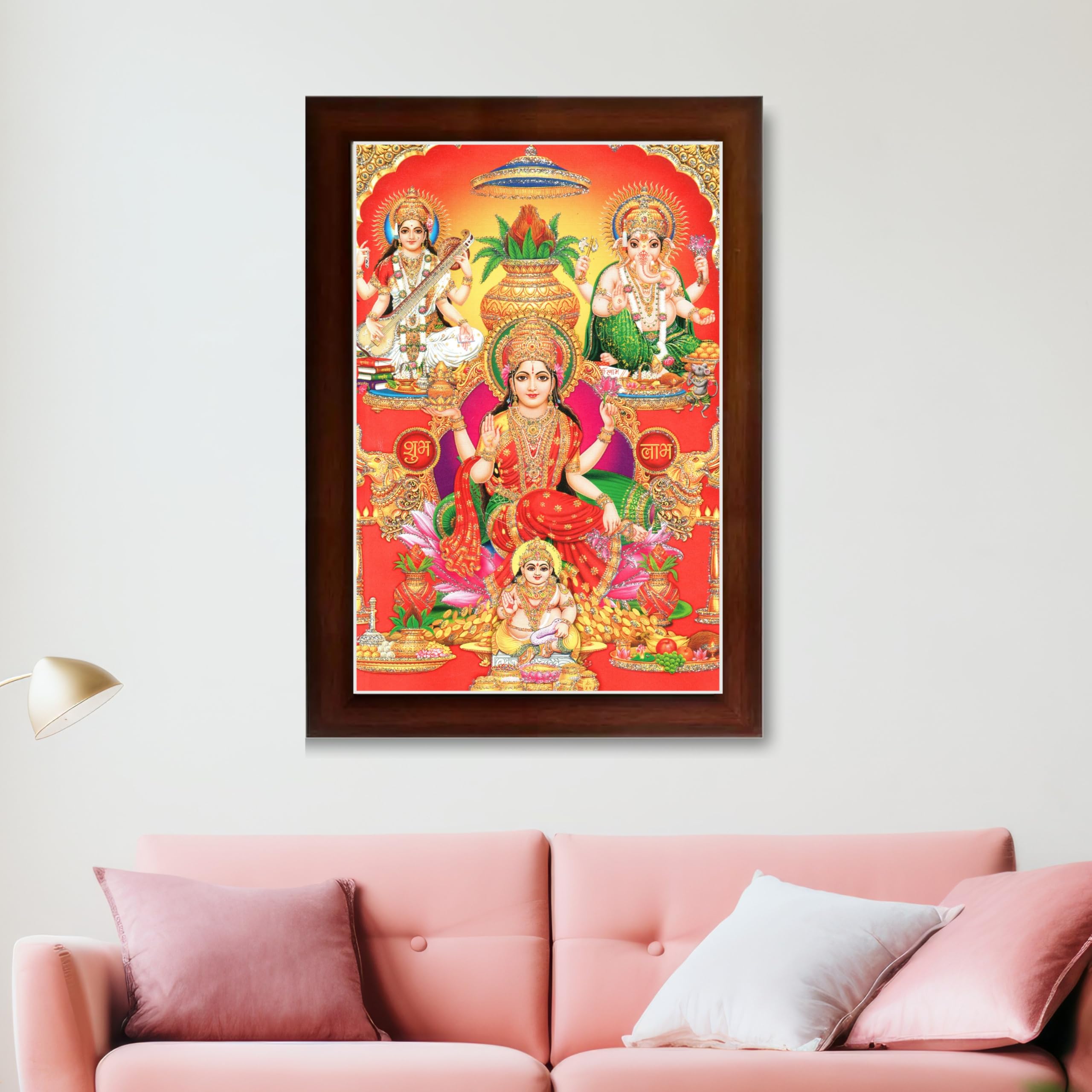 CRAFT QUEST Lakshmi Devi Ganesha Saraswati Ganesh Hanging Wall Painting Framed Home Decor Hindu Bhagwan Devi Devta Photo Frame