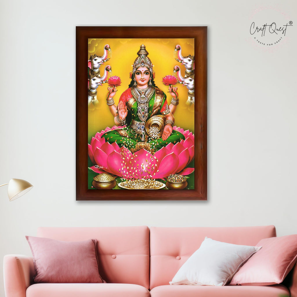 CRAFT QUEST Goddess Lakshmi Mata Devi Vaibhav Laxmi Maa Wall Painting Photo Framed | Ideal for Home, Office, Temple & Puja Room, Wall Decor