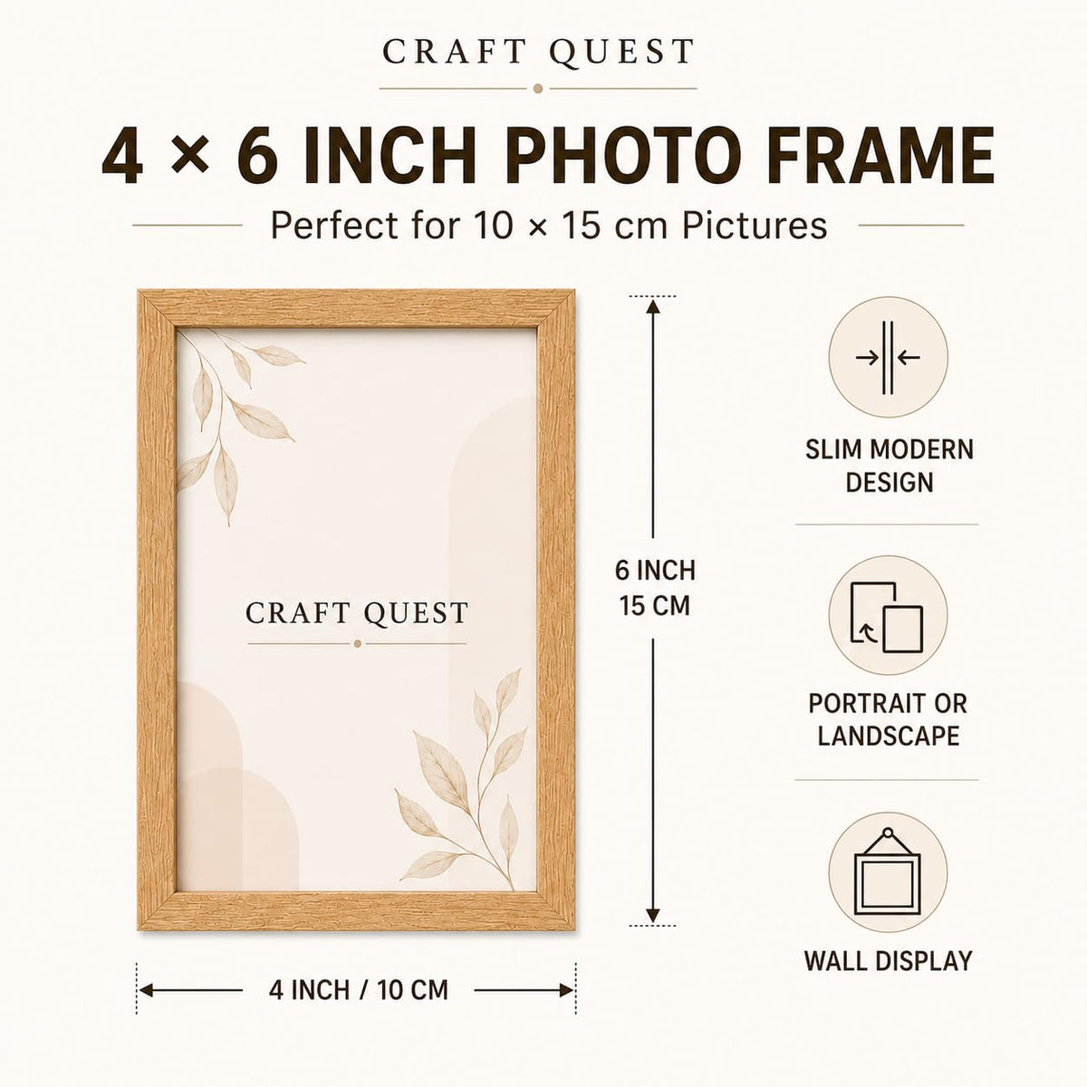 CRAFT QUEST 4X6 Inch Size synthetic Wall Mount Photo frames Single For Home Decoration, Living Room, Office Decoration (Natural, Set of 1)