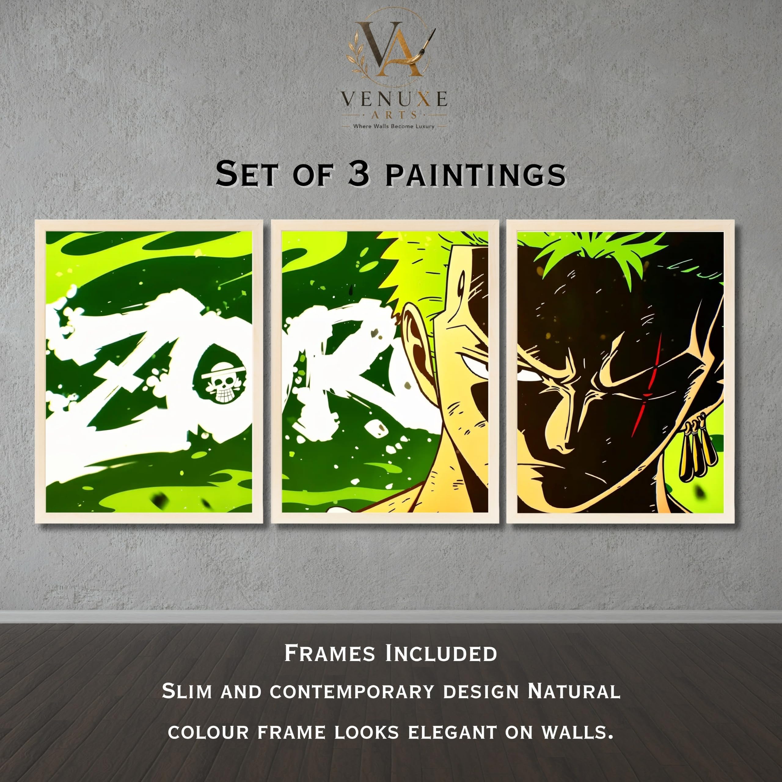 VENUXE ARTS Set Of 3 Anime Characters Wall Framed |Anime Characters Framed Poster for Living Room Bedroom Gaming Room Studio Wall Decor