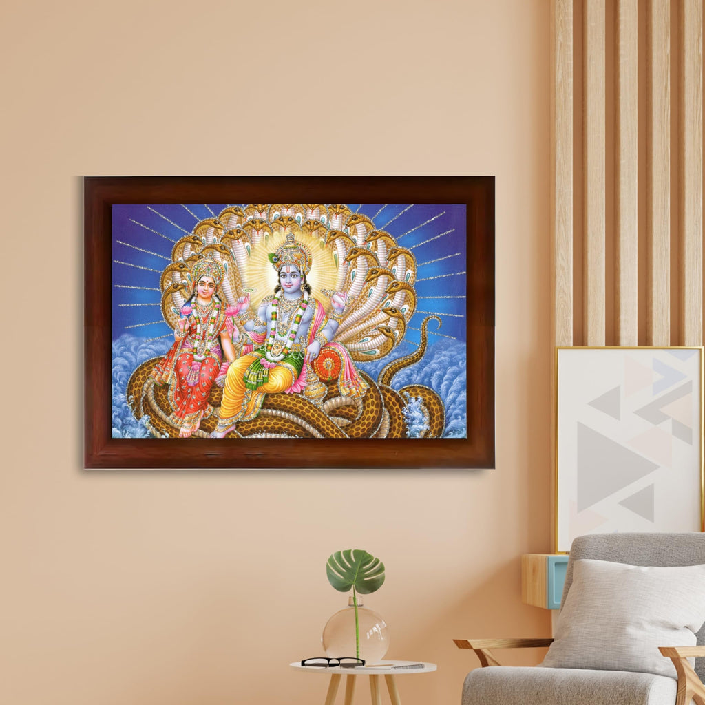 CRAFT QUEST Goddess Lakshmi pressing legs of lord Vishnu on Shesh naag, Glitter Work Painting