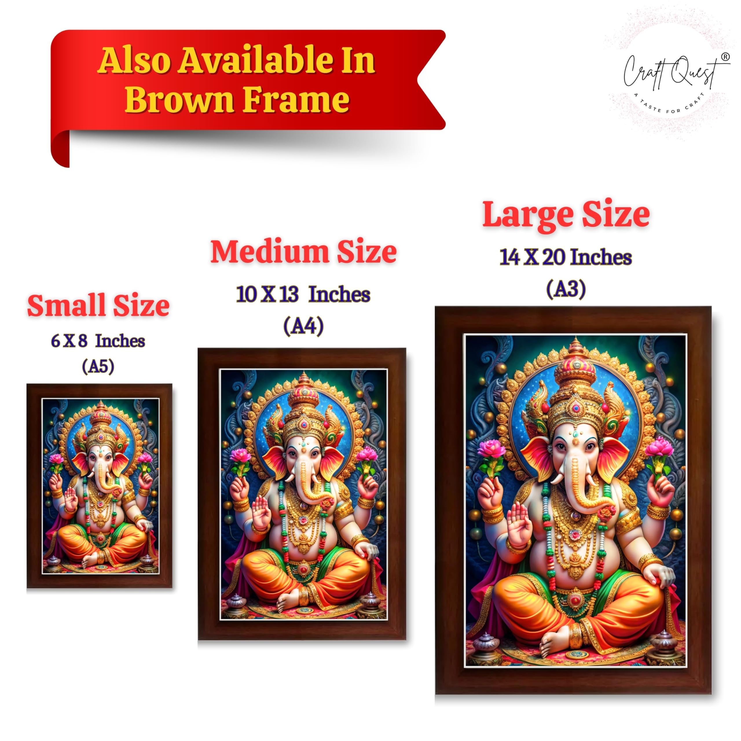 CRAFT QUEST Laminated God Ganpati ji Photo Frame Wall Decor Mandir Pooja Poster Religious Painting Divine Hindu Temple Decoration Spiritual Blessings Home Office Gift