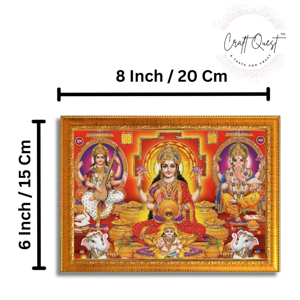 CRAFT QUEST Lakshmi Devi with Kuber Ji, Ganesh ji, Saraswati maa Wall Painting Frame Home Decor (Synthetic, Sparkle Finish, Golden, Small Size, 8 X 6 Inch)