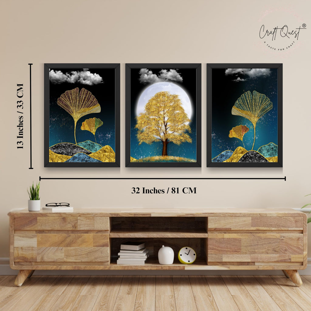 CRAFT QUEST Modern Art Mural With Golden Christmas Trees Wall Art | Set of 3 Frames for Home Decoration | Ideal for Living Room, Bedroom & Offices
