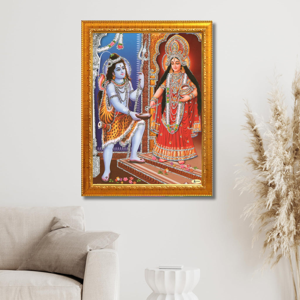 CRAFT QUEST Shiva & Maa Annapurna devi sitting on throne photo frame with Acrylic Glass for Kitchen Worship