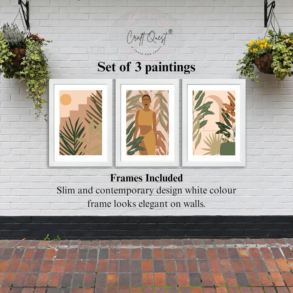 CRAFT QUEST Beautiful Abstract Of American Woman & Tropical Leaves Wall Art | Set of 3 Frames for Home Decoration | Ideal for Living Room, Bedroom & Offices