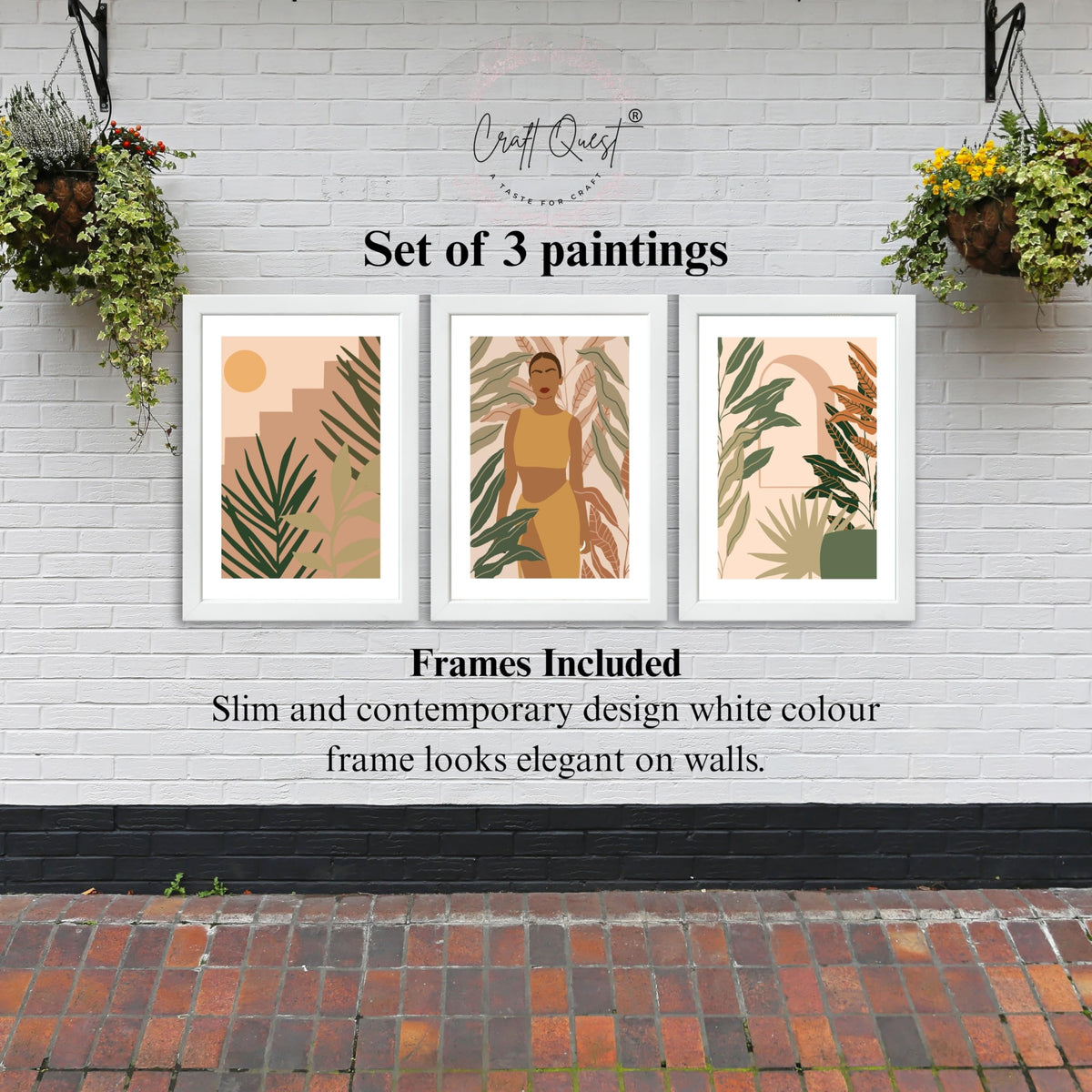 CRAFT QUEST Beautiful Abstract Of American Woman & Tropical Leaves Wall Art | Set of 3 Frames for Home Decoration | Ideal for Living Room, Bedroom & Offices