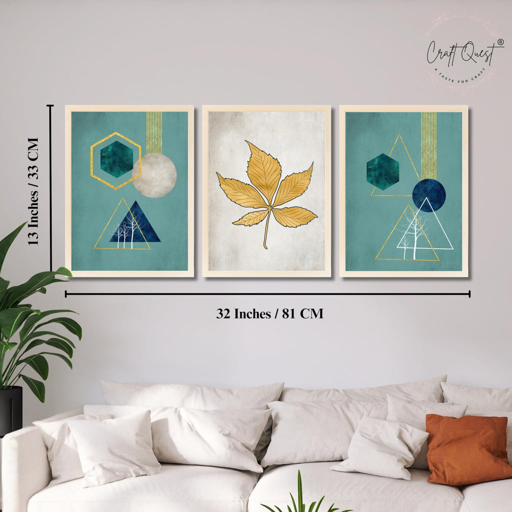 CRAFT QUEST Modern Art Shapes & Leaf Abstract | Set of 3 Frames for Home Decoration | Ideal for Living Room, Bedroom & Offices