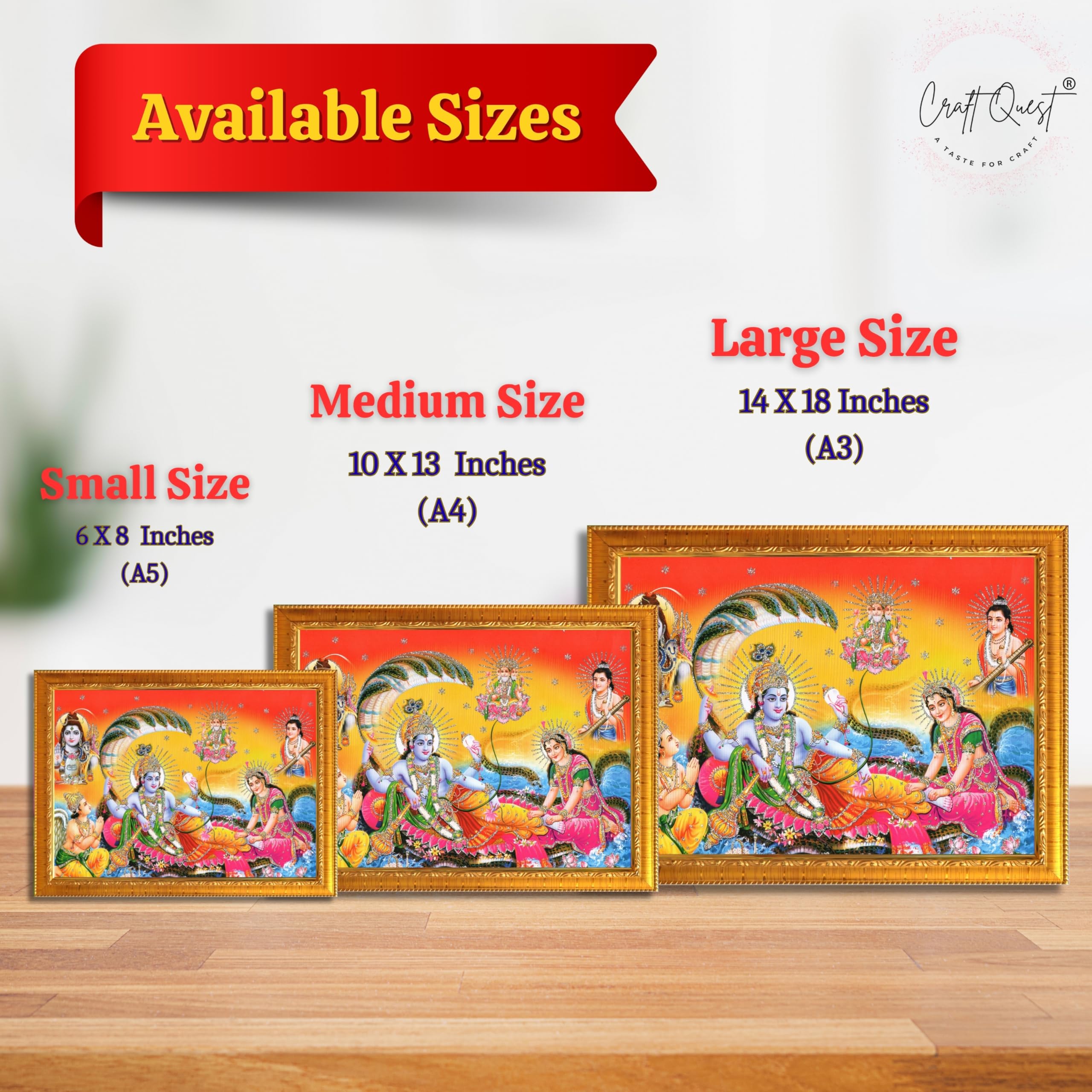 CRAFT QUEST Goddess Lakshmi pressing legs of lord Vishnu on Shesh naag, Glitter Work Painting wooden frame